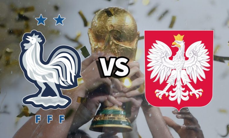 The France and Poland international football team badges on top of a photo of the World Cup trophy being lifted