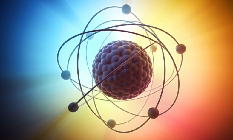 Graphic illustration of an atomic model with a nucleus containing protons and neutrons and electrons