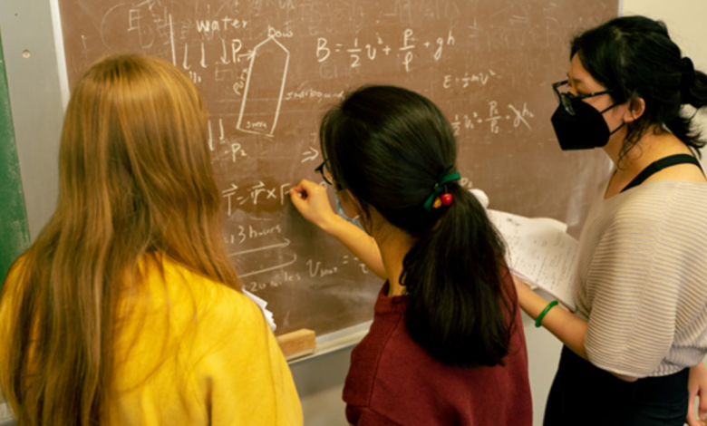 three women wearing masks working at chalkboard